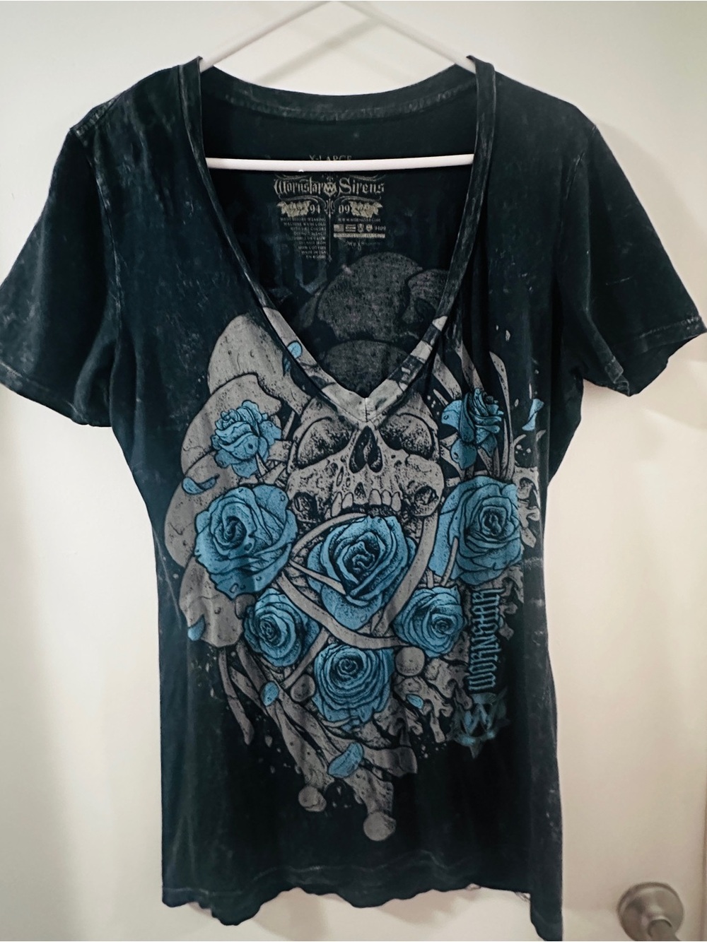 Wornstar Sirens Black V-Neck Tee with Blue Rose & Skull Graphic